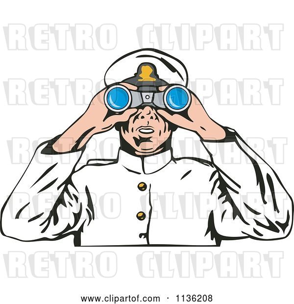 Vector Clip Art of Retro Captain Viewing Through Binoculars