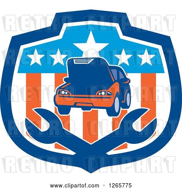 Vector Clip Art of Retro Car and Crossed Wrenches in an American Flag Shield
