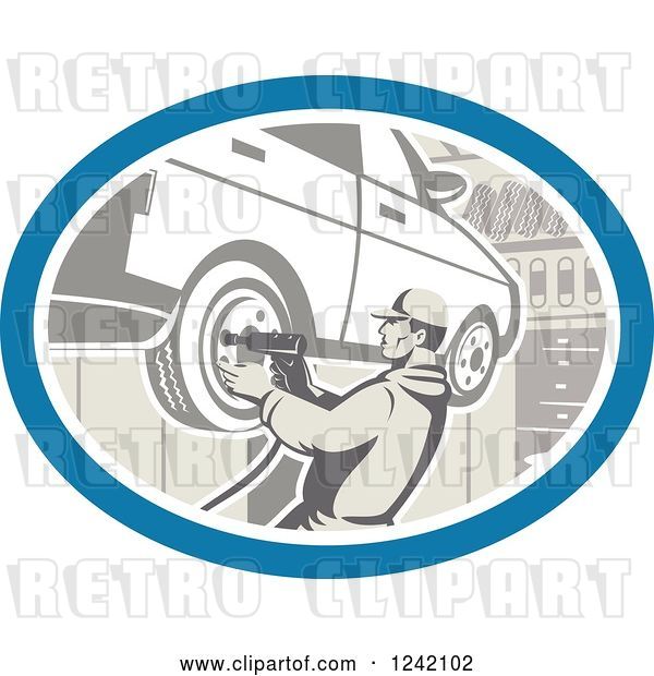 Vector Clip Art of Retro Car Mechanic Working on Tires in a Garage
