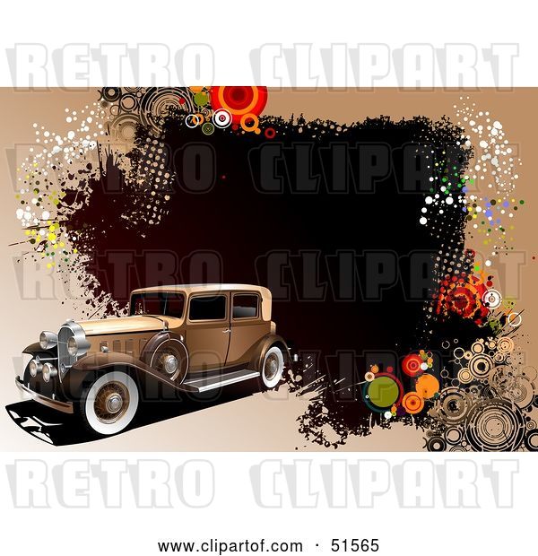 Vector Clip Art of Retro Car on a Brown Grunge Halftone and Circle Background