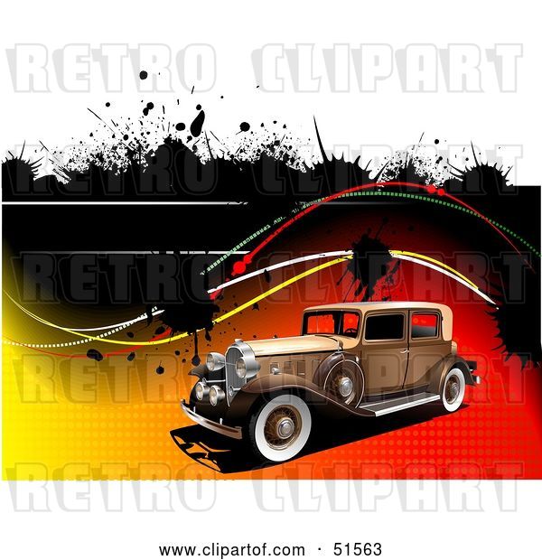Vector Clip Art of Retro Car on a Gradient Halftone Background with Waves and Splatters