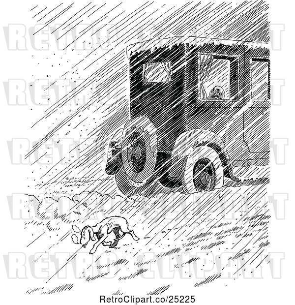 Vector Clip Art of Retro Car Passing a Homeless Dog in Rain or Snow