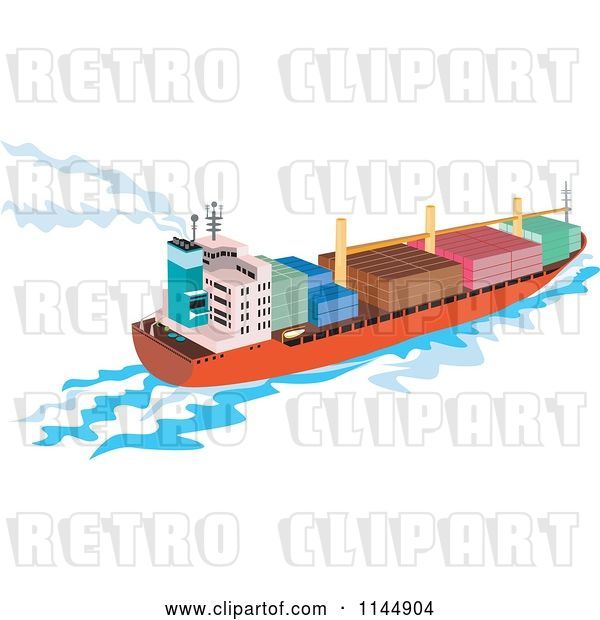 Vector Clip Art of Retro Cargo Carrier Ship with Containers 2