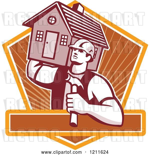 Vector Clip Art of Retro Carpenter Guy Carrying a House on His Shoulder over a Shield and Text Bar