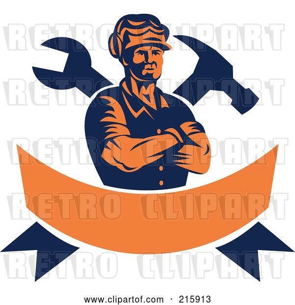 Vector Clip Art of Retro Carpenter over a Crossed Hammer, Wrench and Orange Banner