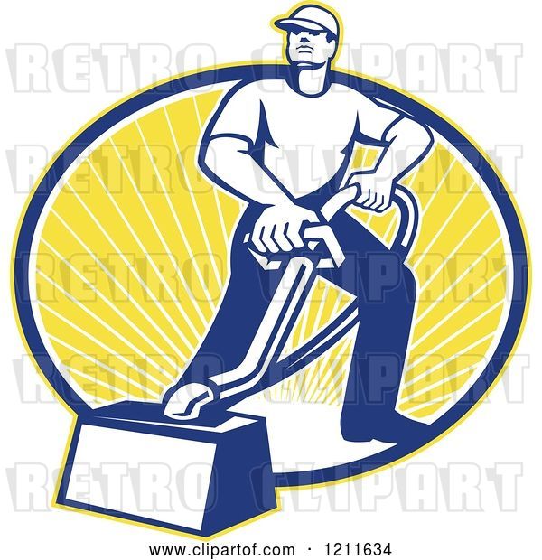 Vector Clip Art of Retro Carpet Cleaner Guy with a Vacuum over an Oval of Sunshine