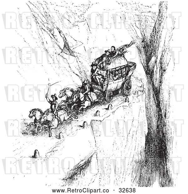 Vector Clip Art of Retro Carriage on a Cliff Road in Black and White