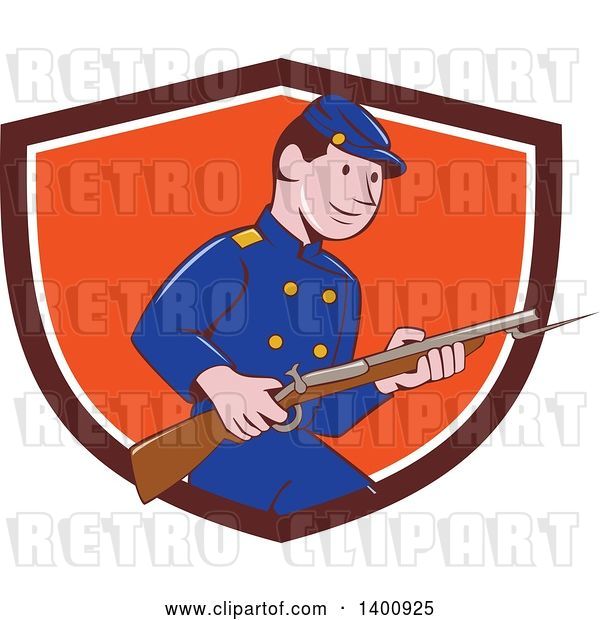 Vector Clip Art of Retro Cartoon American Civil War Union Army Soldier Holding a Rifle with Bayonet, Emerging from a Shield