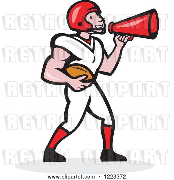 Vector Clip Art of Retro Cartoon American Football Player Holding a Ball and Using a Megaphone