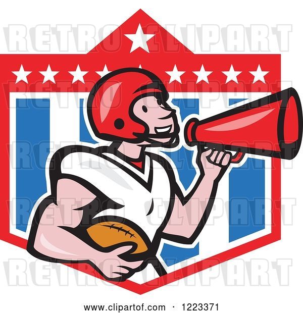 Vector Clip Art of Retro Cartoon American Football Player Holding a Ball and Using a Megaphone over a Shield