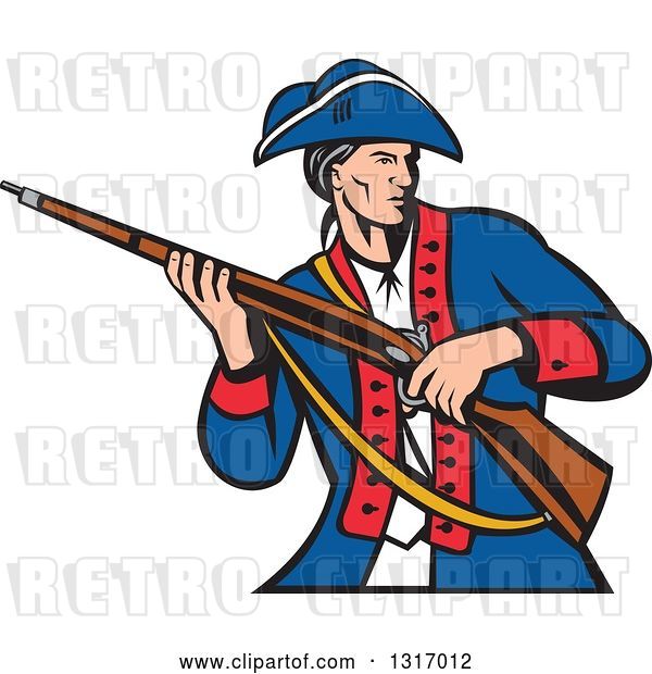 Vector Clip Art of Retro Cartoon American Patriot Militia Soldier Carrying a Musket Rifle
