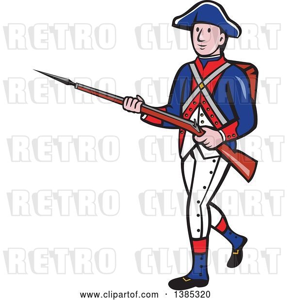 Vector Clip Art of Retro Cartoon American Revolutionary Soldier Marching with a Rifle