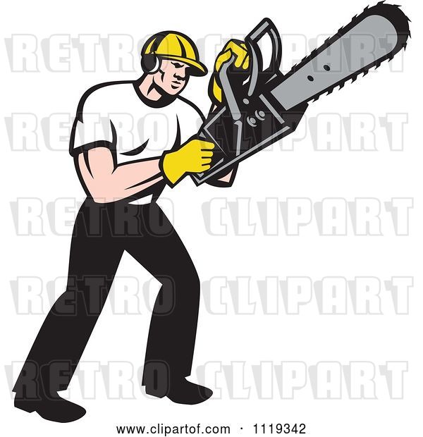 Vector Clip Art of Retro Cartoon Arborist Tree Surgeon or Lumberjack Operating a Chainsaw