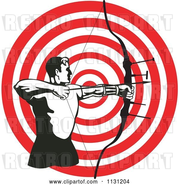 Vector Clip Art of Retro Cartoon Archer Guy Shooting an Arrow over a Target