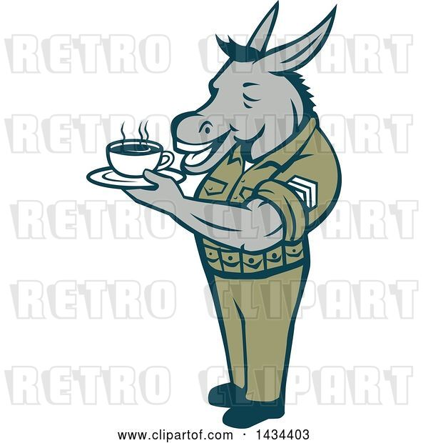 Vector Clip Art of Retro Cartoon Army Sergeant Donkey Holding a Cup of Coffee