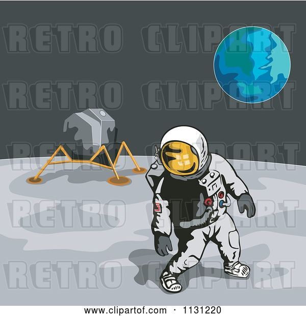 Vector Clip Art of Retro Cartoon Astronaut and Lunar Module on the Moon with Earth in the Distance