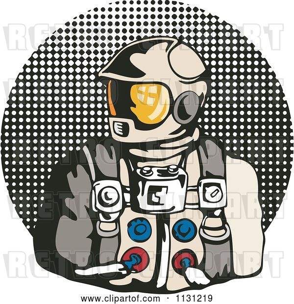 Vector Clip Art of Retro Cartoon Astronaut over a Halftone Circle