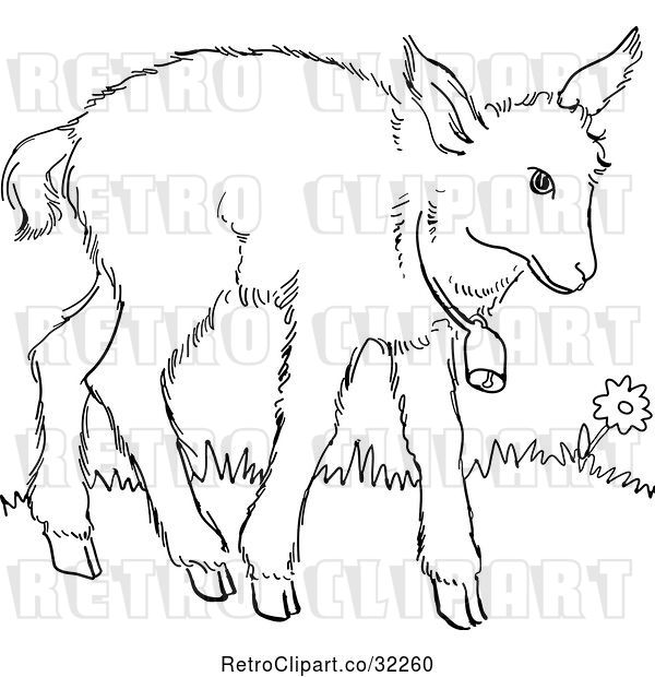 Vector Clip Art of Retro Cartoon Baby Goat with a Bell Line Drawing