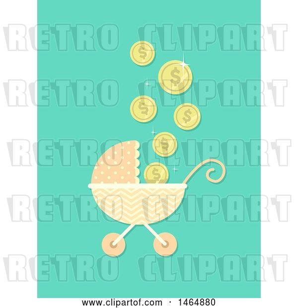 Vector Clip Art of Retro Cartoon Baby Stroller with Falling Coins