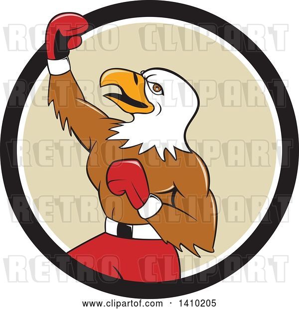 Vector Clip Art of Retro Cartoon Bald Eagle Guy Boxer Pumping His Fist in a Black White and Tan Circle