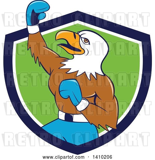 Vector Clip Art of Retro Cartoon Bald Eagle Guy Boxer Pumping His Fist in a Blue White and Green Shield