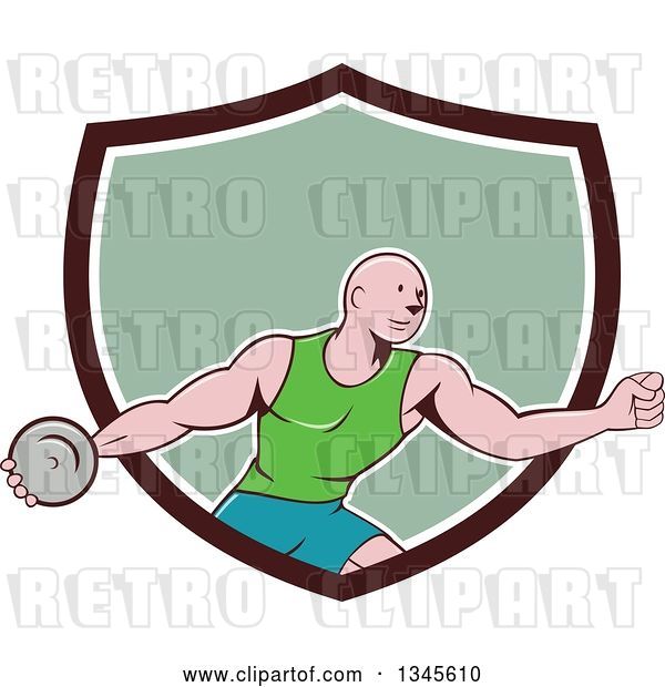Vector Clip Art of Retro Cartoon Bald Male Athlete Throwing a Discus, Emerging from a Brown White and Green Shield