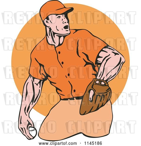Vector Clip Art of Retro Cartoon Baseball Pitcher over an Orange Circle