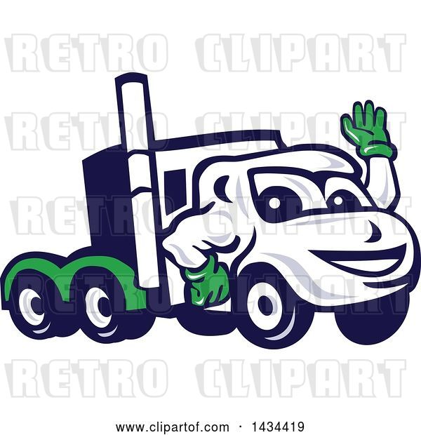 Vector Clip Art of Retro Cartoon Big Rig Truck Mascot Waving