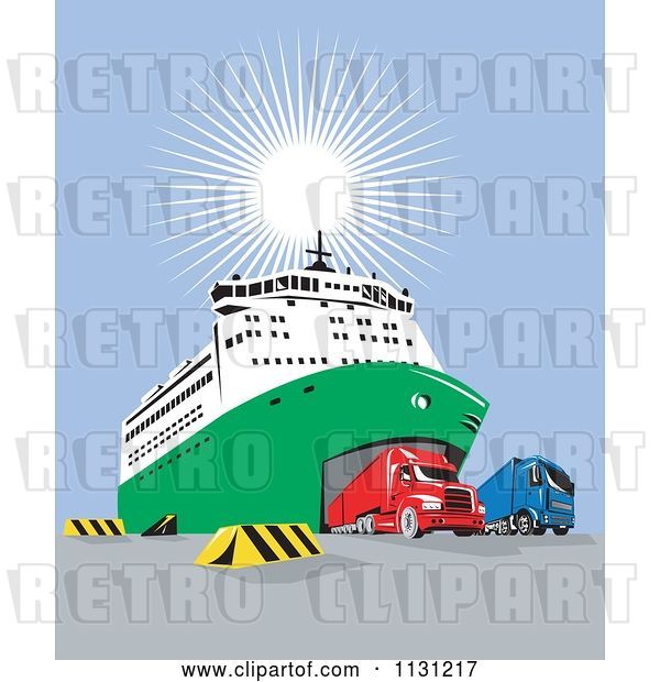 Vector Clip Art of Retro Cartoon Big Rigs Driving out from a Ship