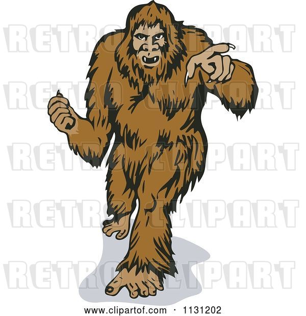 Vector Clip Art of Retro Cartoon Bigfoot Walking Forward and Pointing
