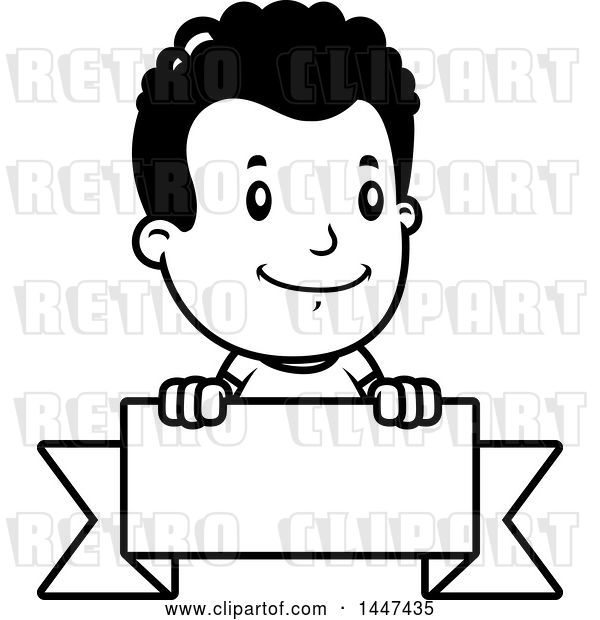 Vector Clip Art of Retro Cartoon Black Boy Smiling over a Blank Ribbon Banner