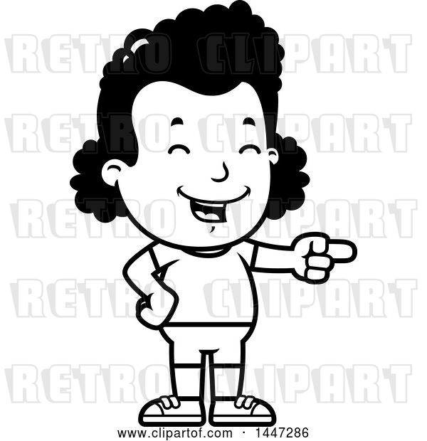 Vector Clip Art of Retro Cartoon Black Girl in Shorts, Laughing and Pointing