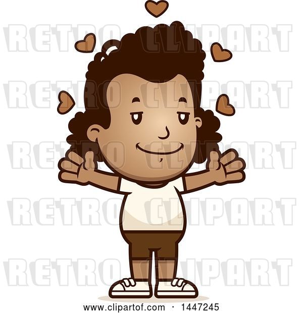 Vector Clip Art of Retro Cartoon Black Girl in Shorts, with Open Arms and Love Hearts