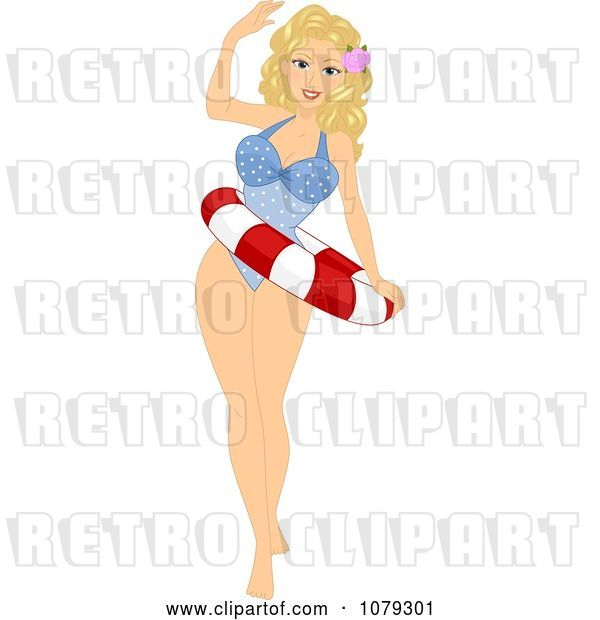 Vector Clip Art of Retro Cartoon Blond Pinup Lady in a Swimsuit and Life Buoy
