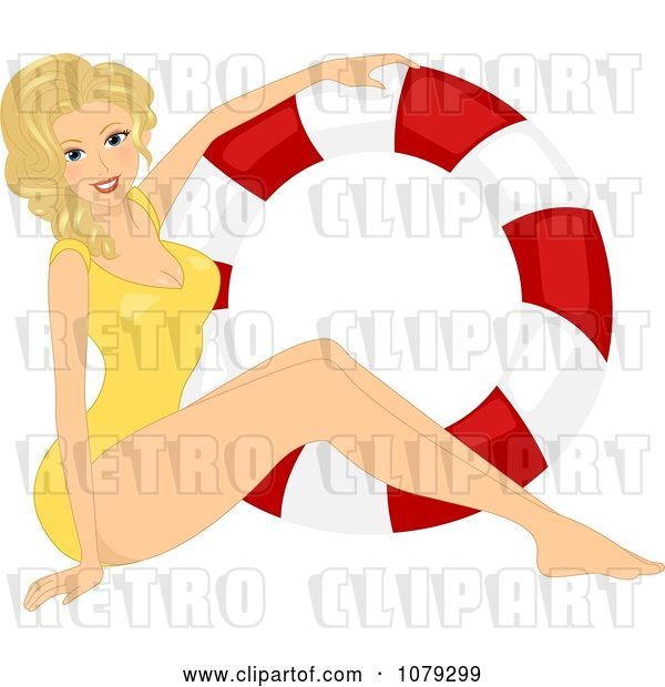Vector Clip Art of Retro Cartoon Blond Pinup Lady in a Swimsuit by a Life Buoy
