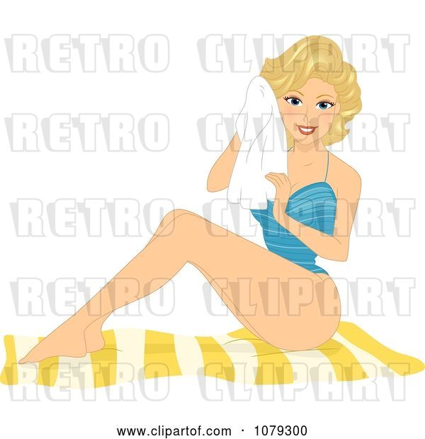 Vector Clip Art of Retro Cartoon Blond Pinup Lady Sunbathing in a Swimsuit