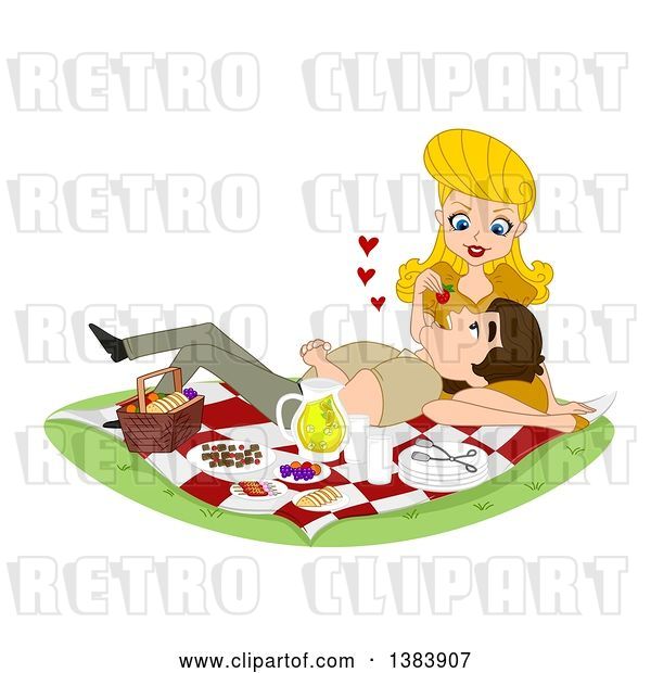 Vector Clip Art of Retro Cartoon Blond White Lady Feeding Her Guy a Strawberry As He Rests in Her Lap on a Picnic