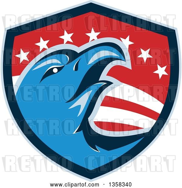 Vector Clip Art of Retro Cartoon Blue Bald Eagle Head in an American Shield