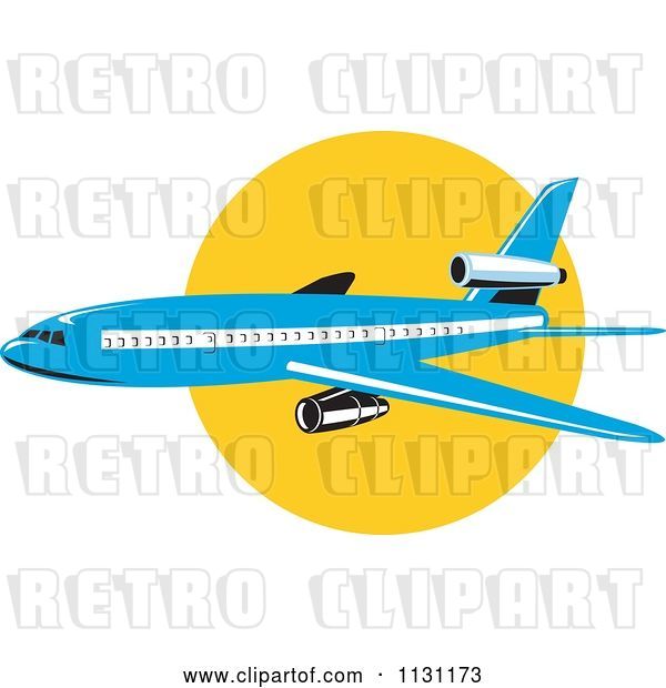 Vector Clip Art of Retro Cartoon Blue Commercial Airliner Plane Against the Sun