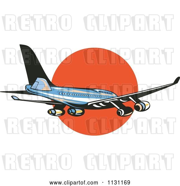 Vector Clip Art of Retro Cartoon Blue Commercial Airliner Plane Against the Sunset