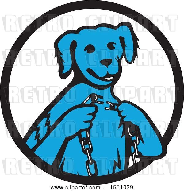 Vector Clip Art of Retro Cartoon Blue Dog Sitting with a Broken Chain in Hands Inside a Circle