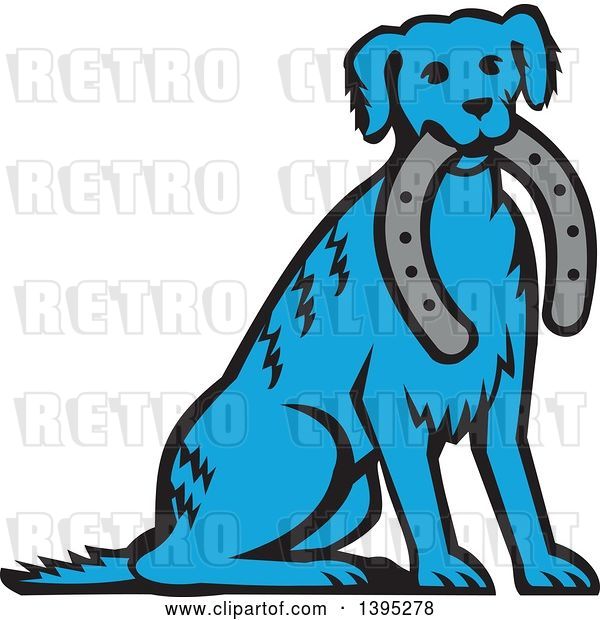 Vector Clip Art of Retro Cartoon Blue Dog Sitting with a Horseshoe in His Mouth