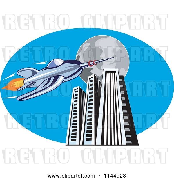 Vector Clip Art of Retro Cartoon Blue Space Rocket with Skyscrapers and a Full Moon