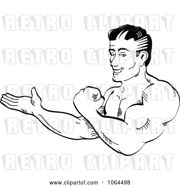 Vector Clip Art of Retro Cartoon Bodybuilder Flexing and Presenting