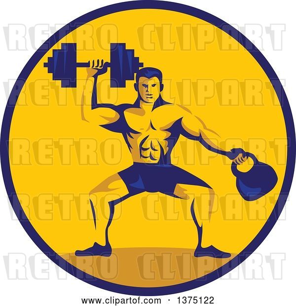 Vector Clip Art of Retro Cartoon Bodybuilder Lifting a Dumbbell and Holding a Kettlebell in a Blue and Orange Circle