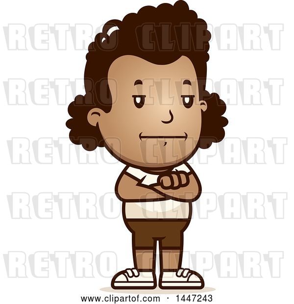 Vector Clip Art of Retro Cartoon Bored or Stubborn Black Girl in Shorts, Standing with Folded Arms