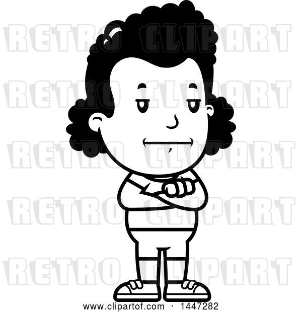 Vector Clip Art of Retro Cartoon Bored or Stubborn Black Girl in Shorts, Standing with Folded Arms