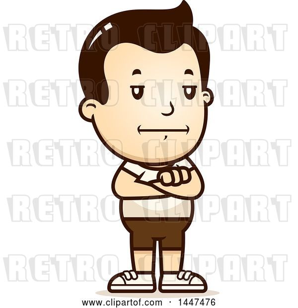 Vector Clip Art of Retro Cartoon Bored or Stubborn White Boy in Shorts, Standing with Folded Arms