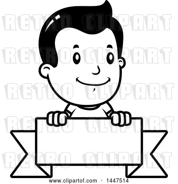 Vector Clip Art of Retro Cartoon Boy Smiling over a Blank Ribbon Banner