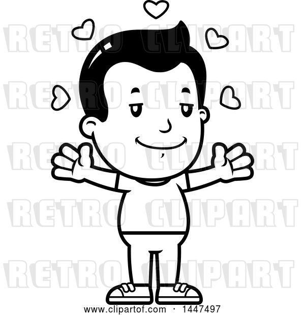 Vector Clip Art of Retro Cartoon Boy with Open Arms and Love Hearts
